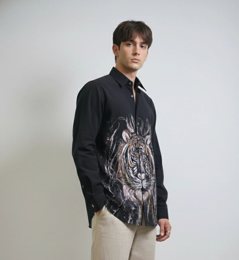 Black Mandarin Club-Wear Shirt with Contrast Piping | Dresswala NX