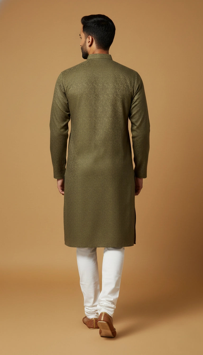 Olive Green Textured Cotton Kurta for Men | Dresswala NX