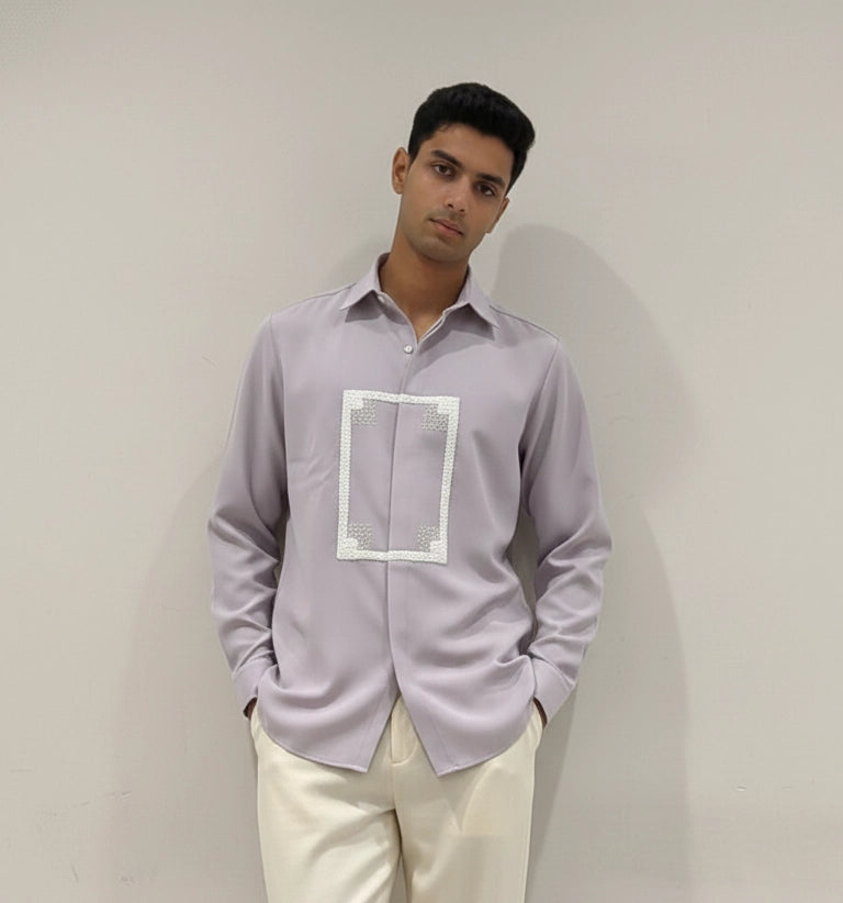 Lilac Club-Wear Shirt for Men with White Geometric Sequin Panel | Dresswala NX