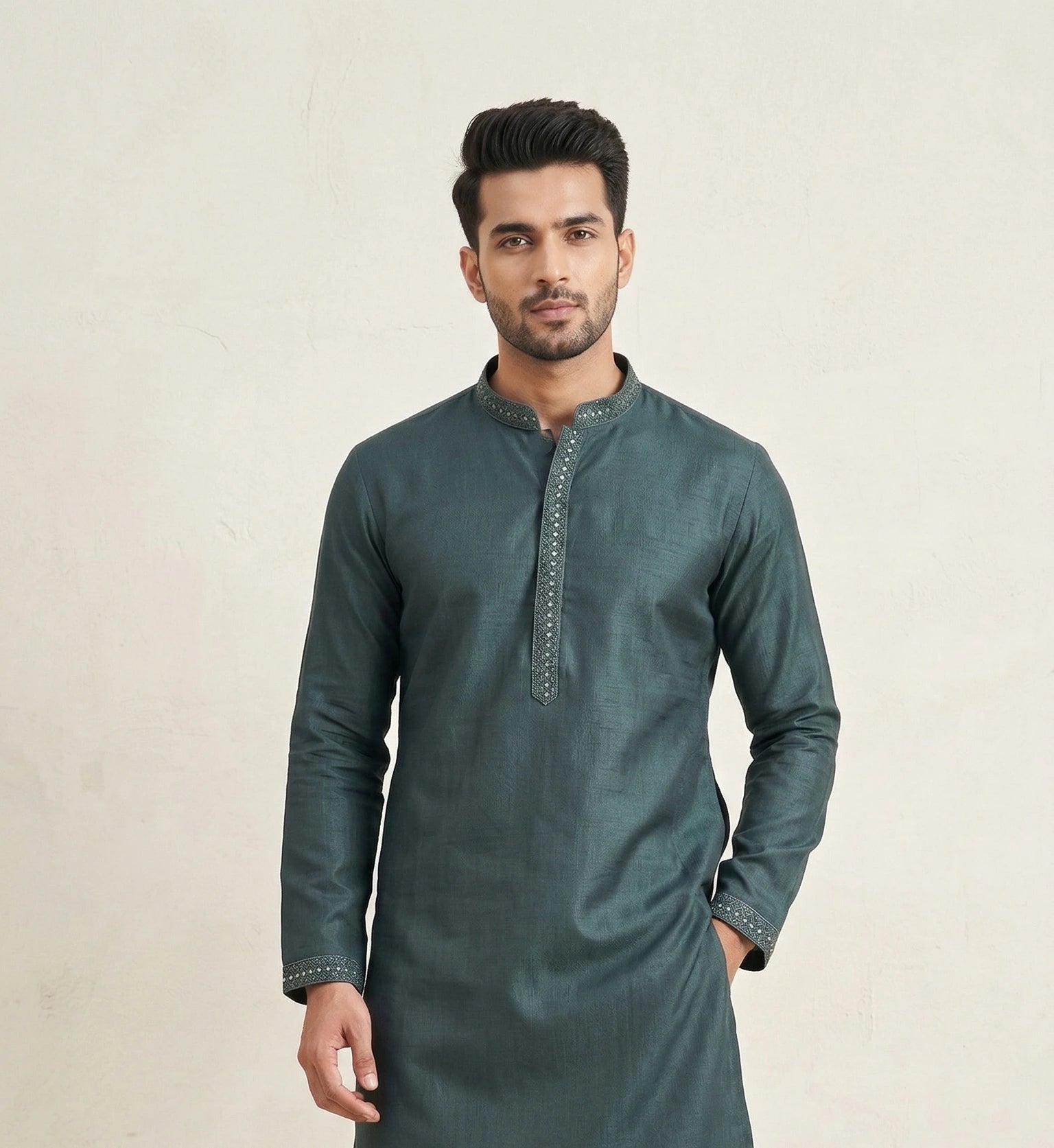 Dark Green Kurta for Men with Embroidered Placket | Dresswala NX