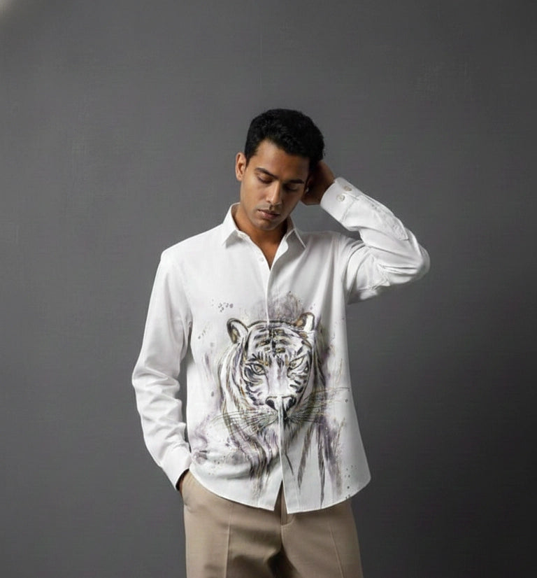 White Club-Wear Shirt with Artistic Tiger Print | Dresswala NX