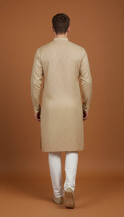 Beige Self-Textured Cotton Kurta for Men | Dresswala NX