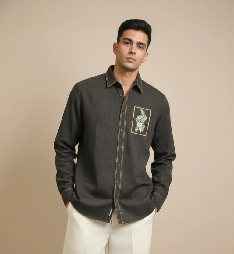 Olive Club-Wear Shirt with Gold Piping & Floral Chest Patch | Dresswala NX