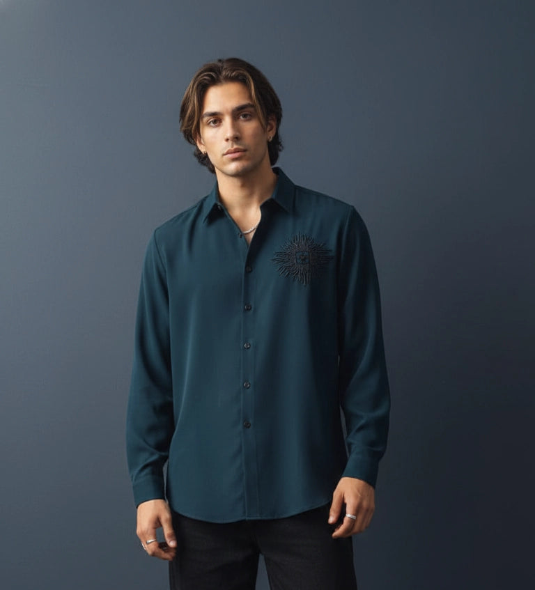 Teal Club-Wear Shirt for Men with Chest Embroidery | Dresswala NX