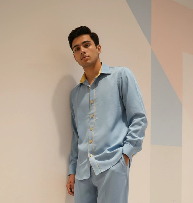 Sky Blue Club-Wear Shirt with Contrast Collar & Gold Button Detailing | Dresswala NX