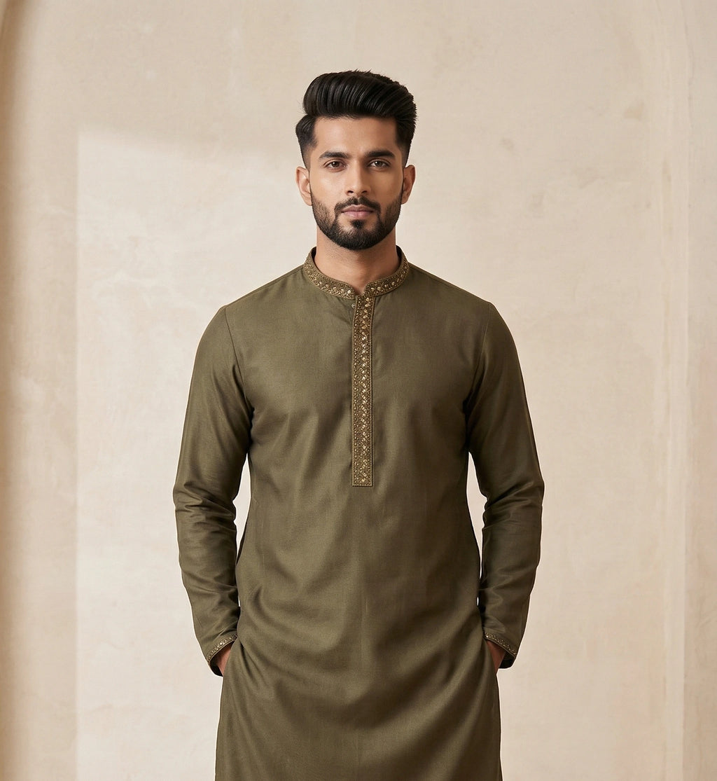 Olive Green Kurta for Men with Embroidered Neckline | Dresswala NX