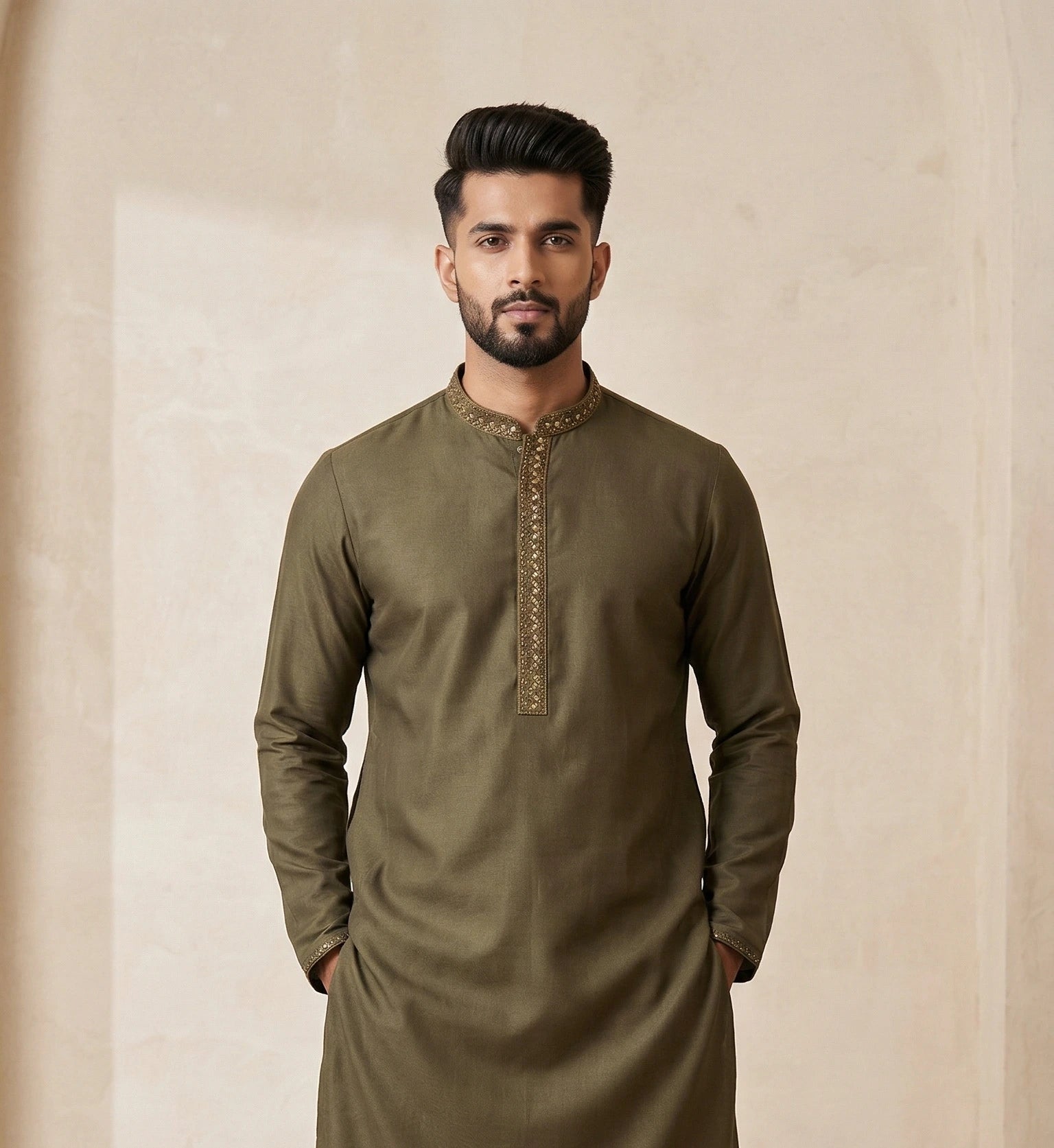 Olive Green Kurta for Men with Embroidered Neckline | Dresswala NX