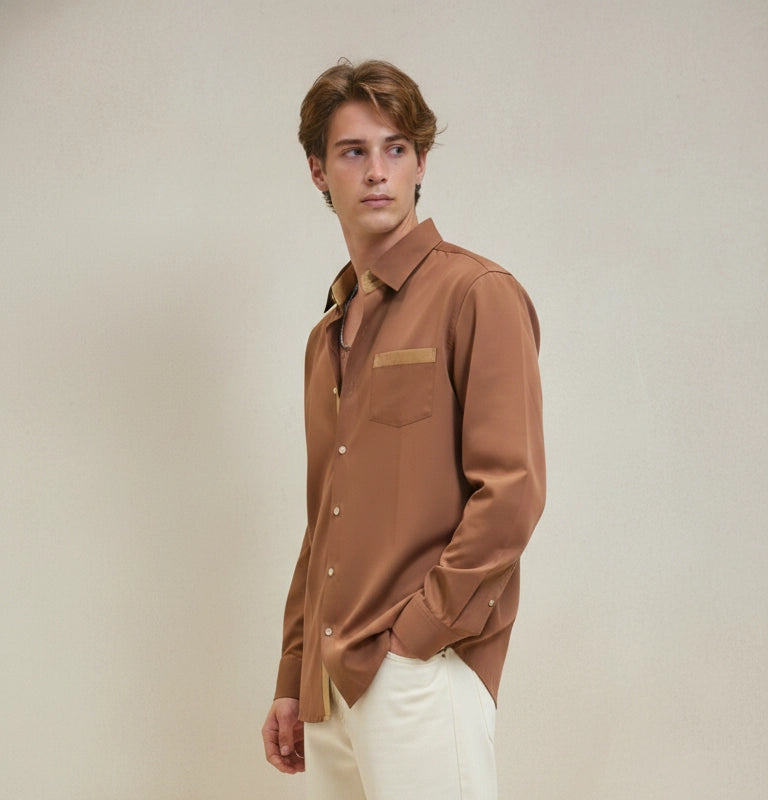 Brown Club-Wear Shirt with Beige Contrast Pocket Detail | Dresswala NX