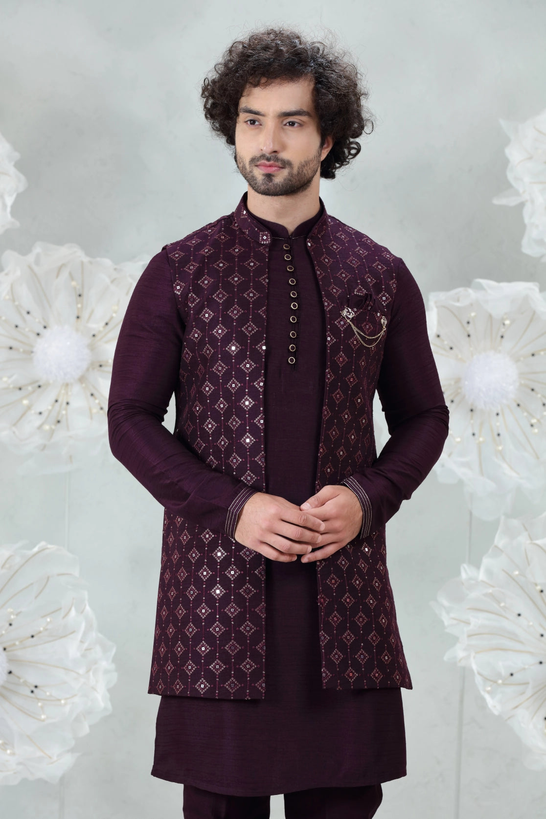 Regal Maroon Embellished Bundi Set