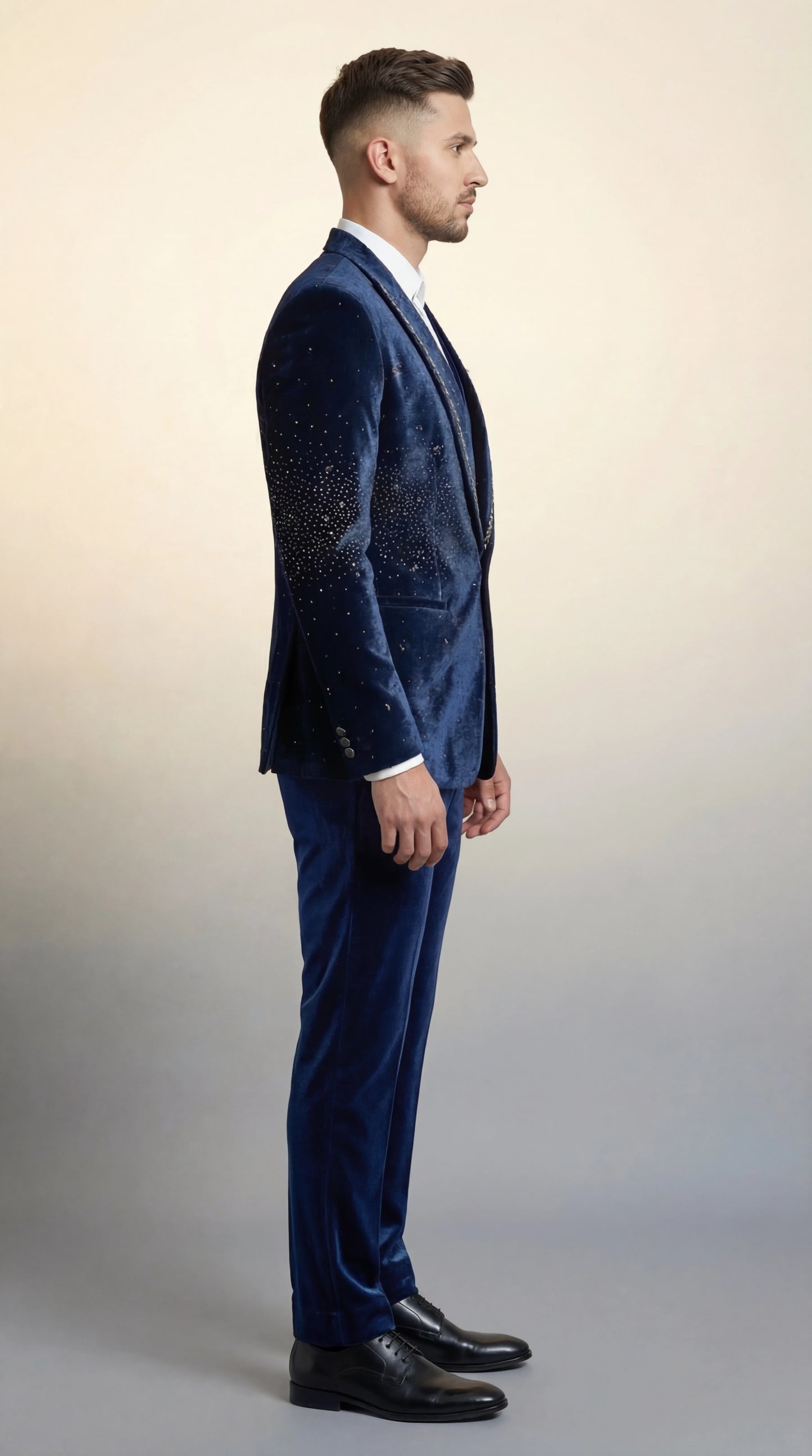 Midnight Blue Velvet Indo-Western Suit with Gold Chain Embroidery | Dresswala NX