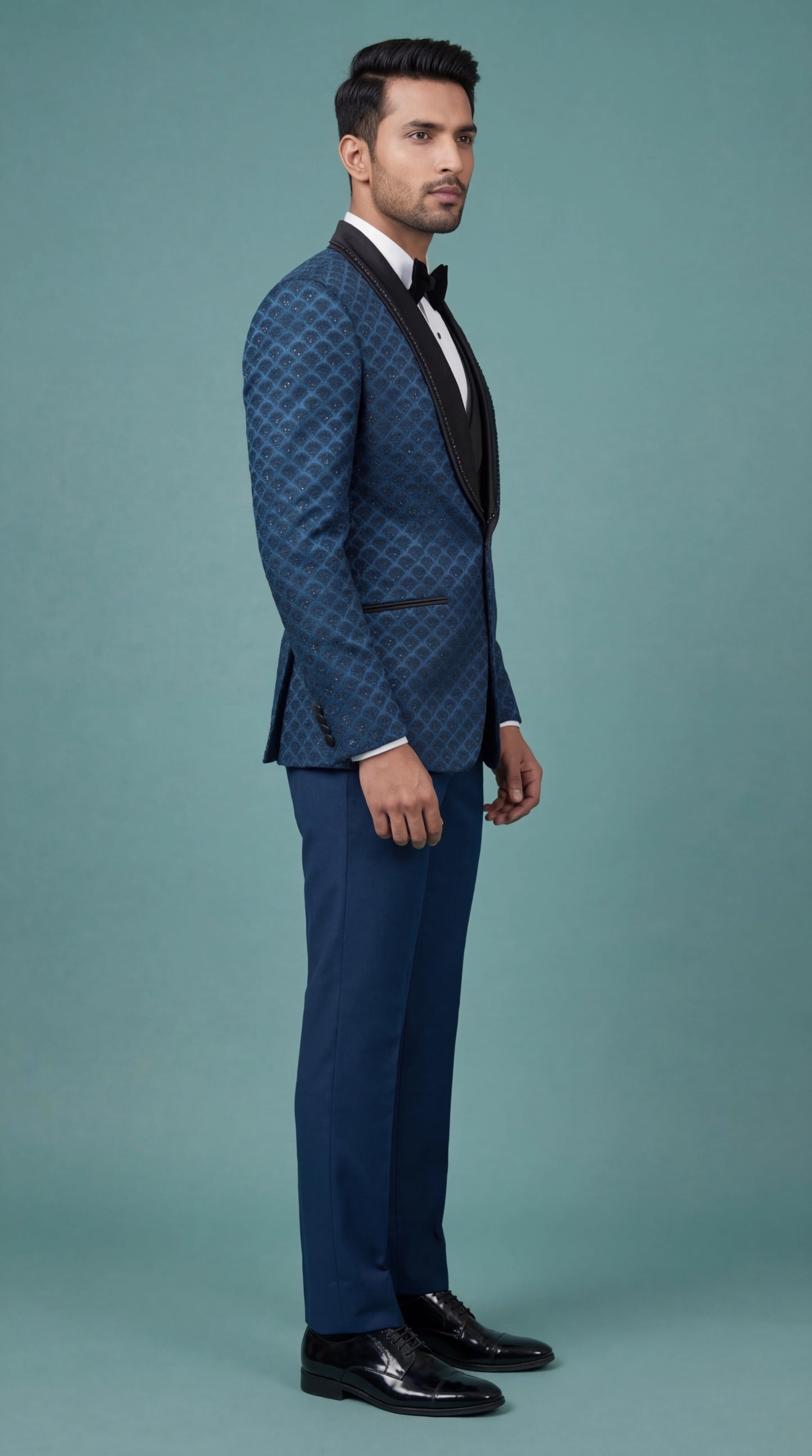 Royal Blue Patterned Indo Western Tuxedo for Men | Dresswala NX
