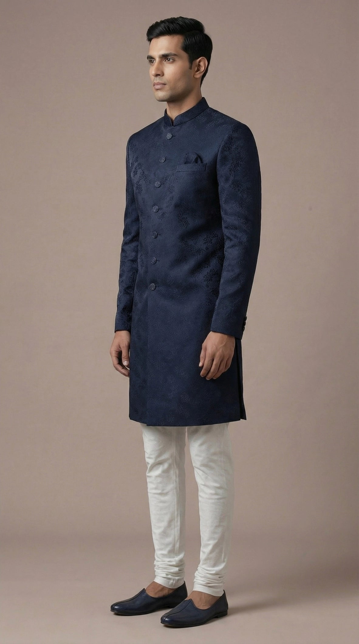 Navy Blue Jacquard Indo-Western Sherwani Set for Men | Dresswala NX