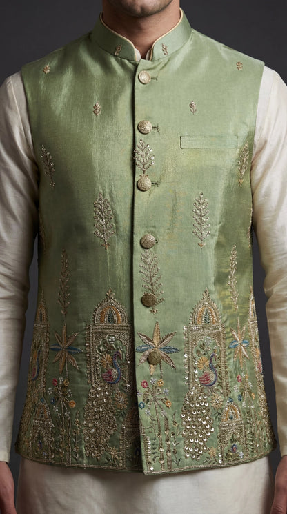 Sage Green Embroidered Waistcoat for Men | Dresswala NX