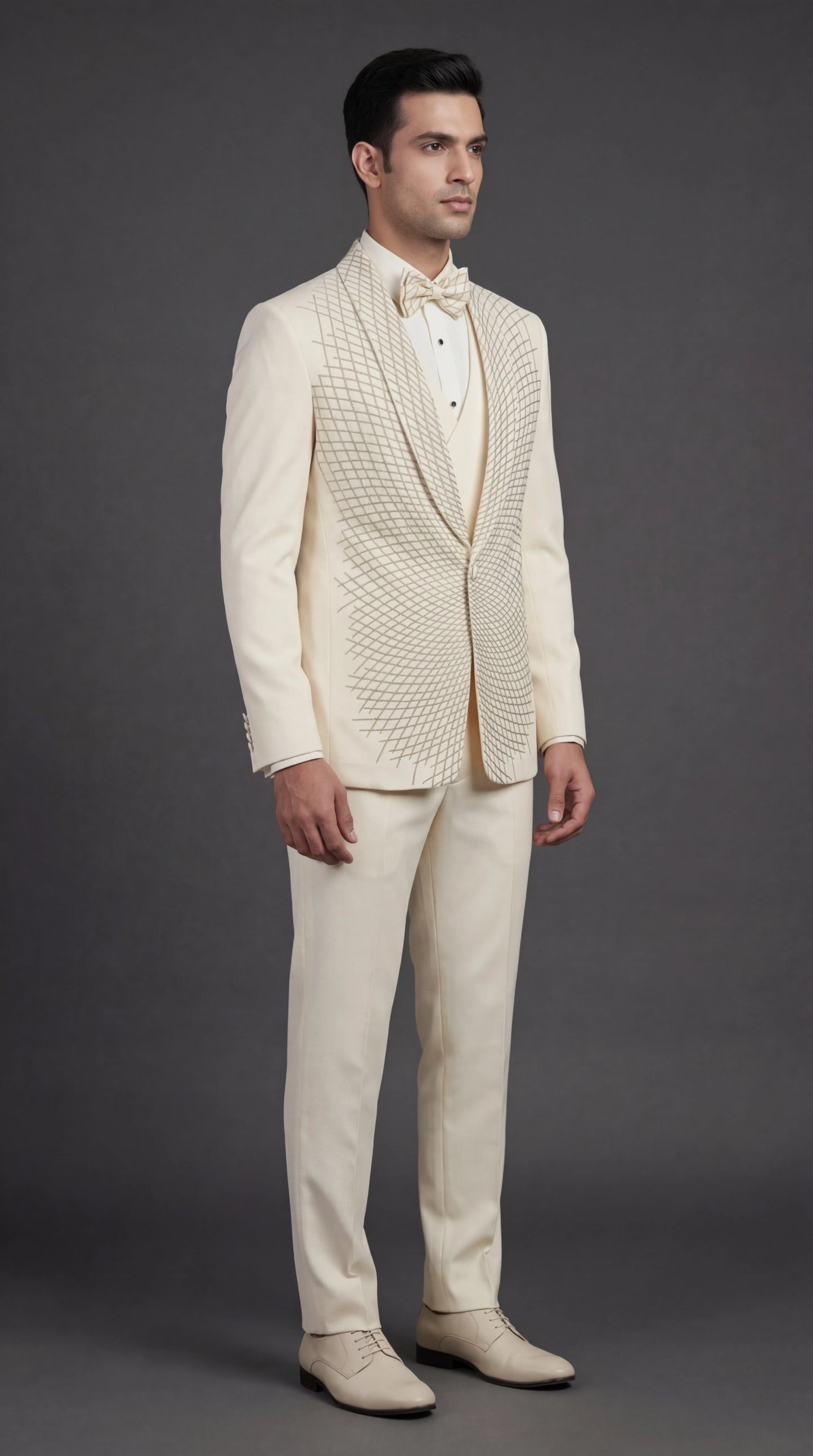 Men’s Ivory Embroidered Tuxedo Suit with Bow Tie | Dresswala NX