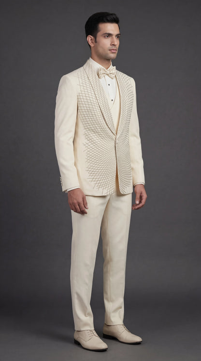 Men’s Ivory Embroidered Tuxedo Suit with Bow Tie | Dresswala NX