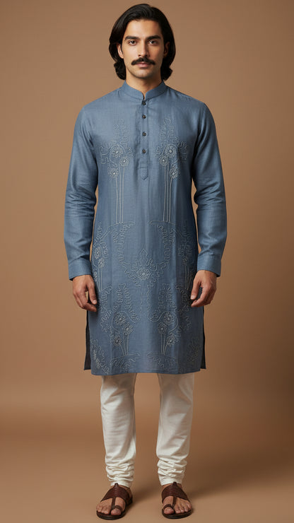 Men’s Blue Linen Kurta with Minimal Embroidery | Elegant Festive Wear – Dresswala NX
