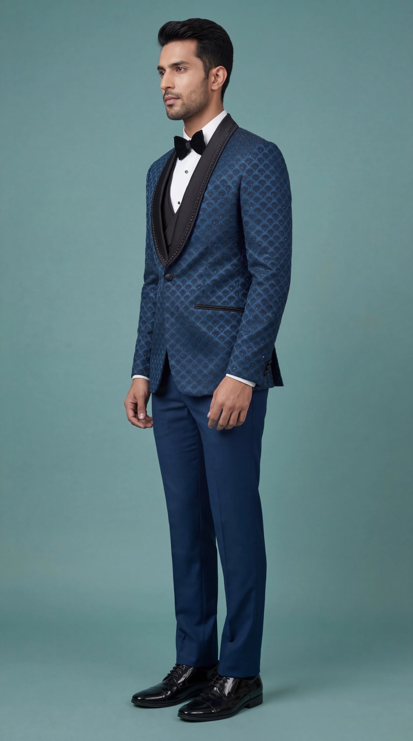 Royal Blue Patterned Indo Western Tuxedo for Men | Dresswala NX