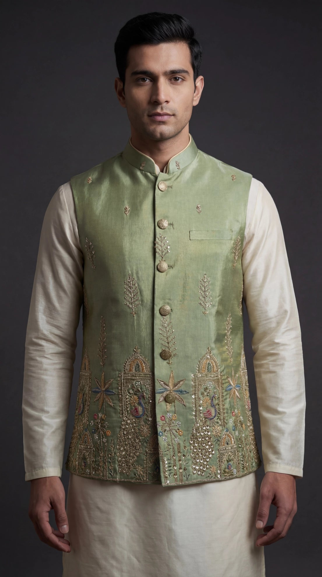 Sage Green Embroidered Waistcoat for Men | Dresswala NX