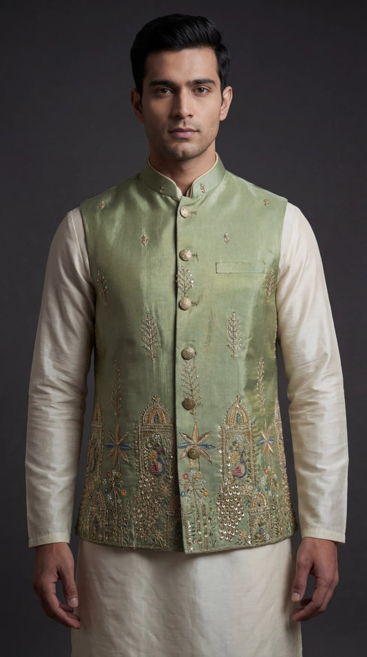 Sage Green Embroidered Waistcoat for Men | Dresswala NX