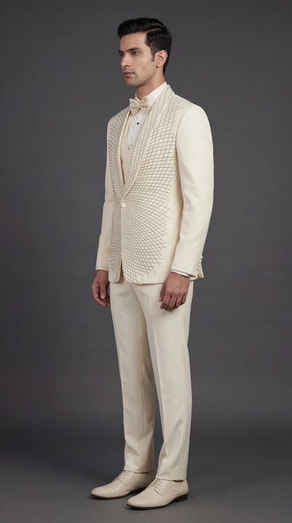 Men’s Ivory Embroidered Tuxedo Suit with Bow Tie | Dresswala NX