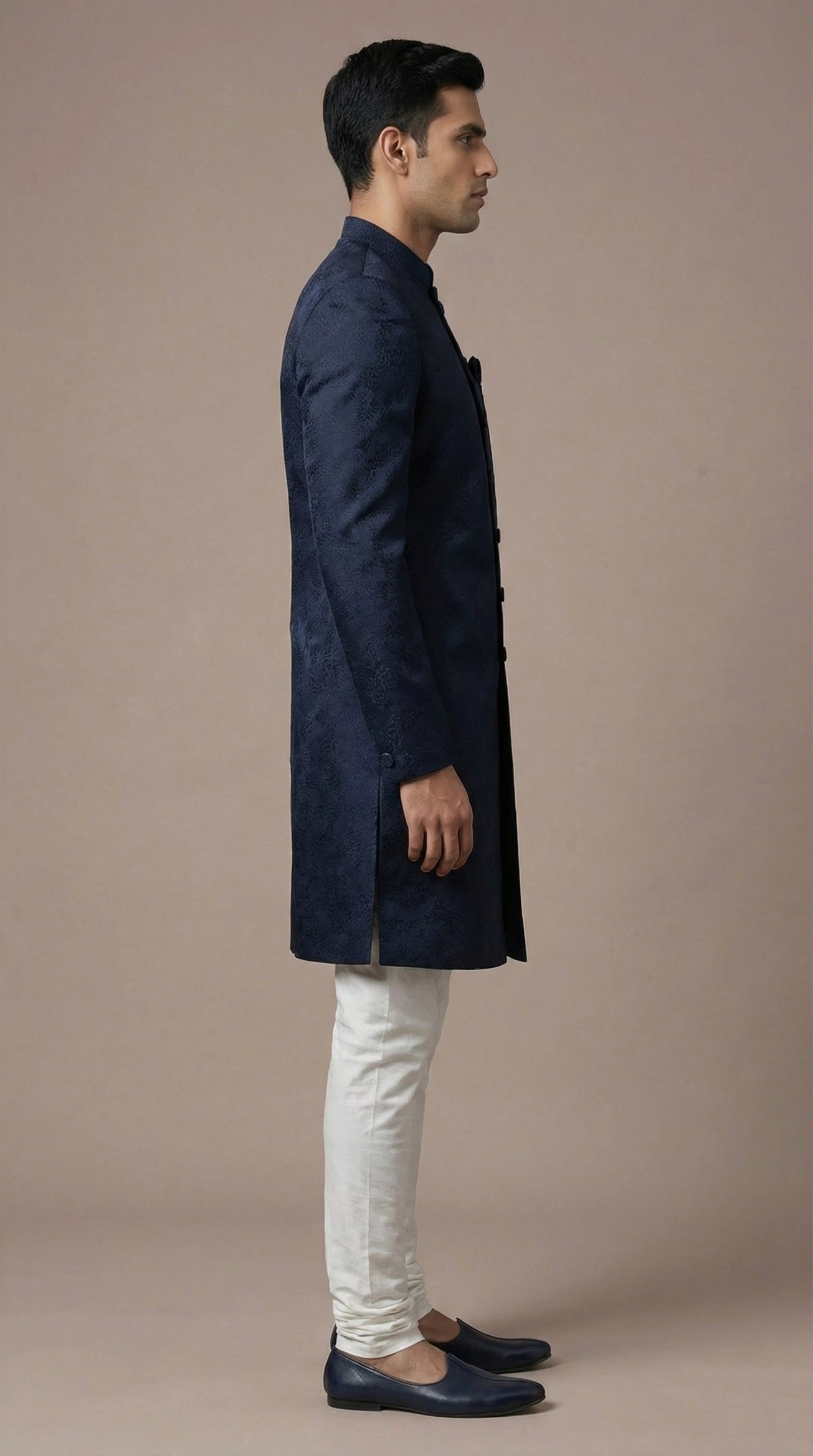 Navy Blue Jacquard Indo-Western Sherwani Set for Men | Dresswala NX