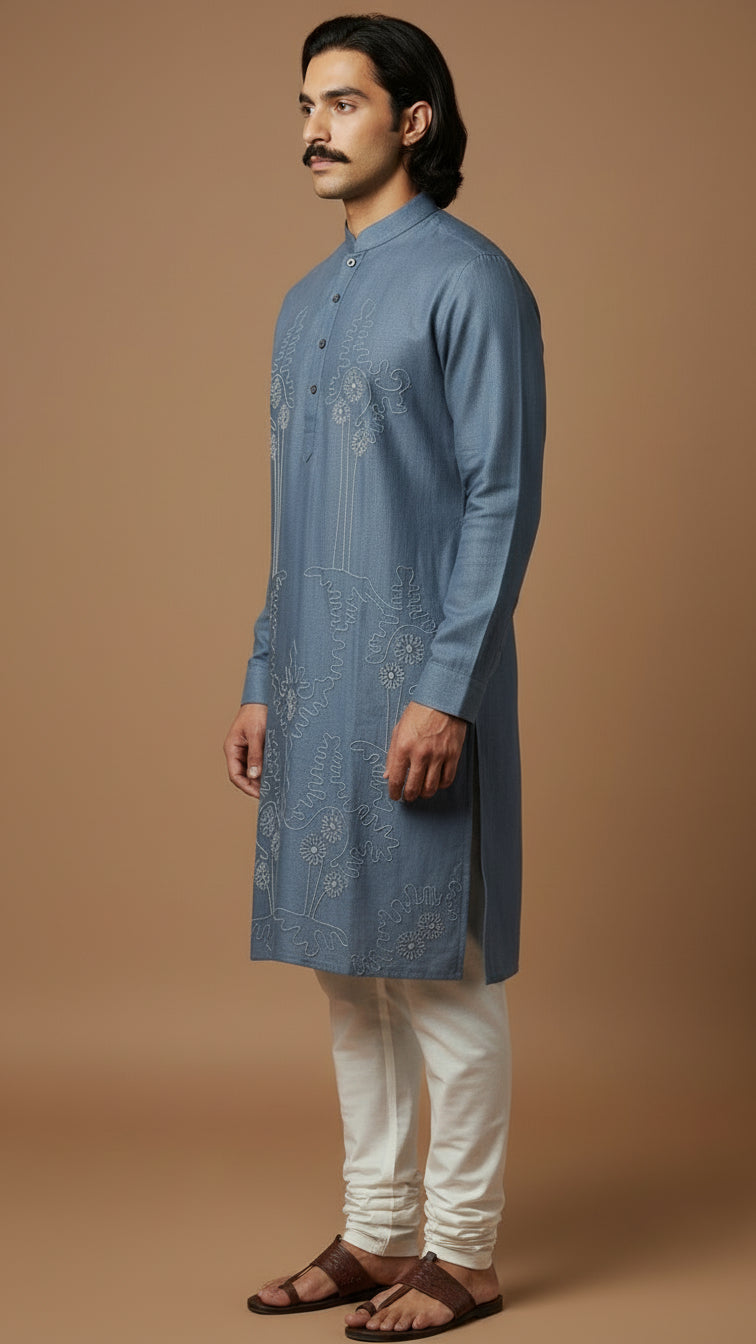 Men’s Blue Linen Kurta with Minimal Embroidery | Elegant Festive Wear – Dresswala NX