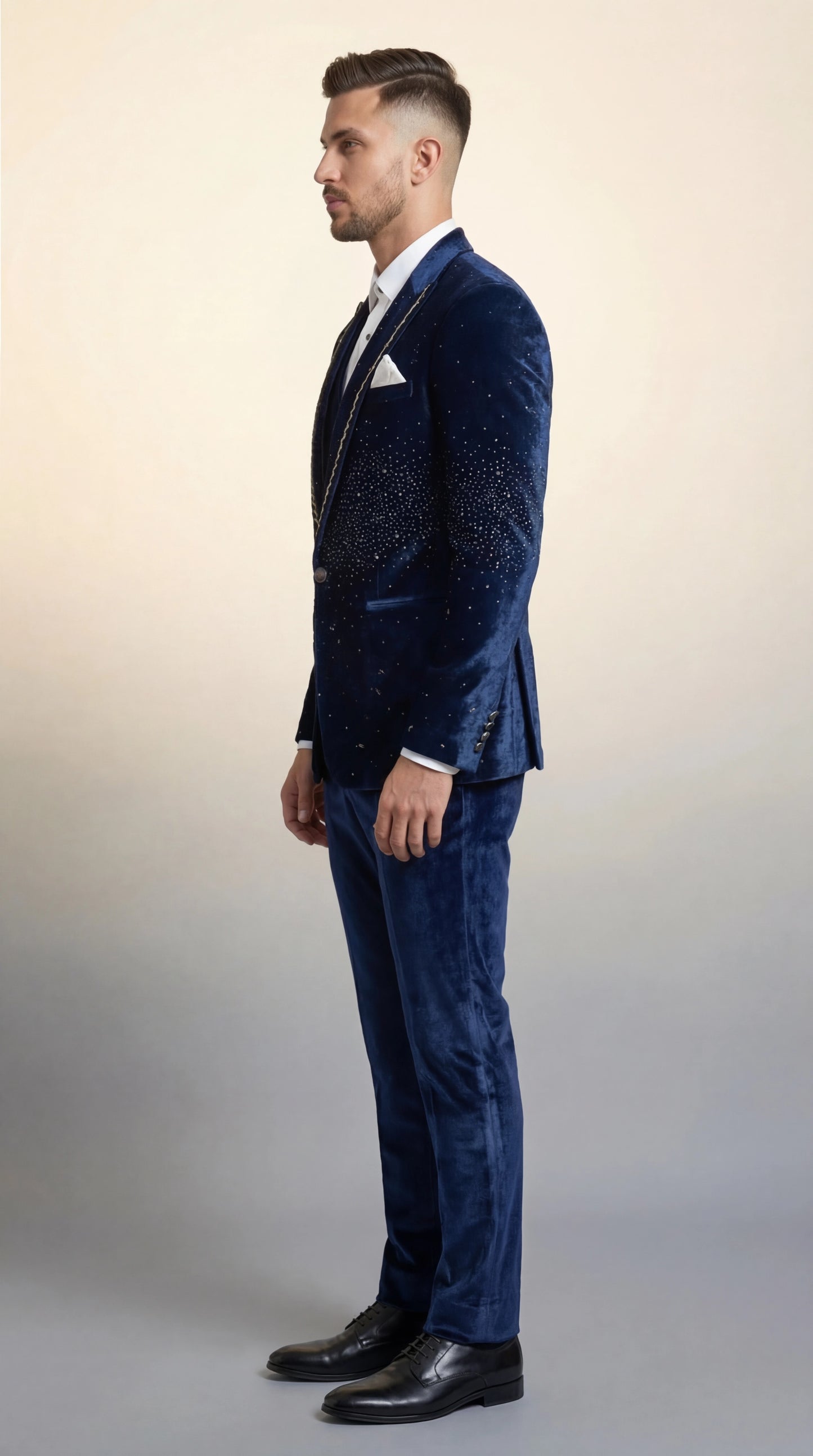 Midnight Blue Velvet Indo-Western Suit with Gold Chain Embroidery | Dresswala NX