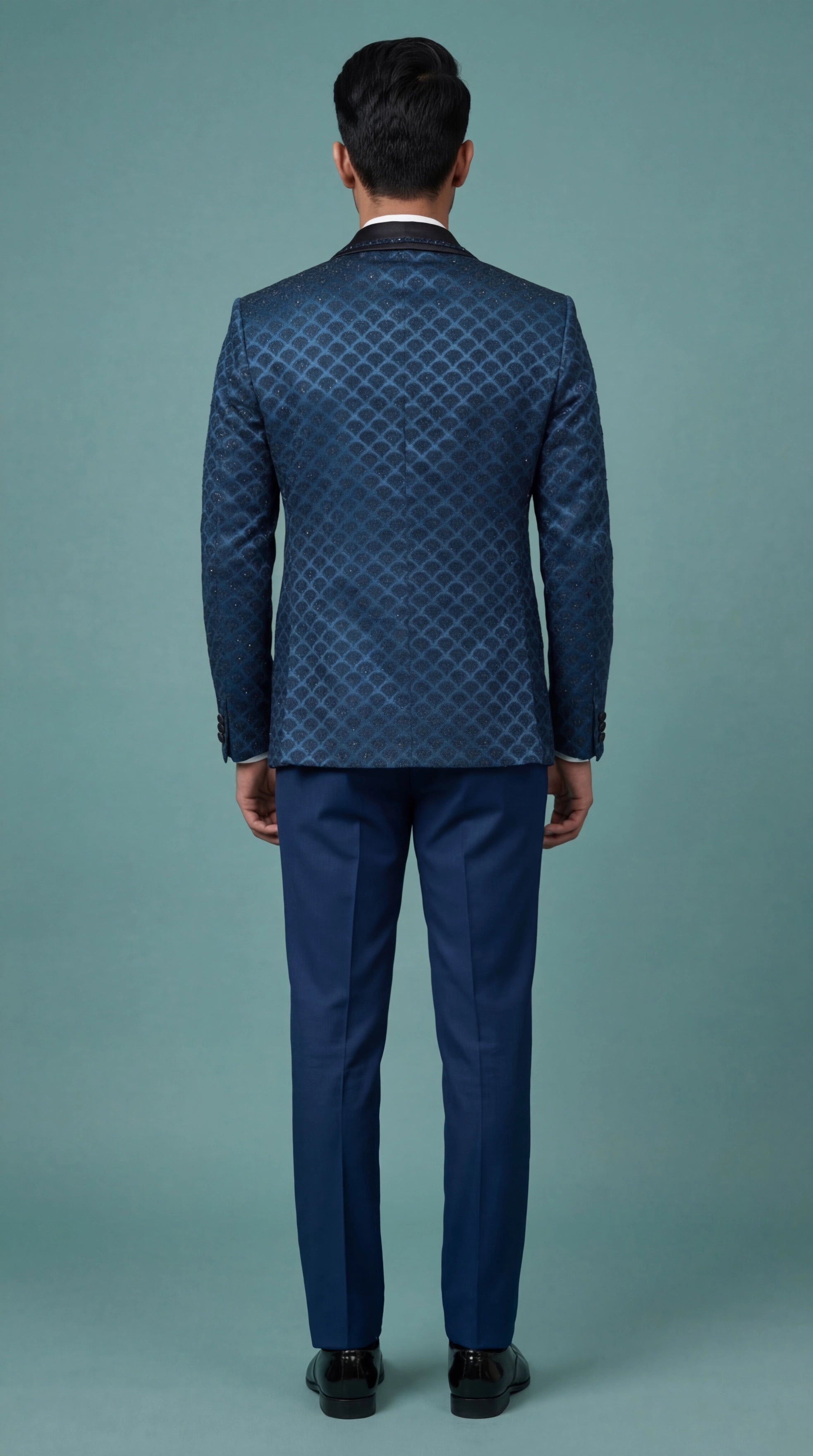 Royal Blue Patterned Indo Western Tuxedo for Men | Dresswala NX