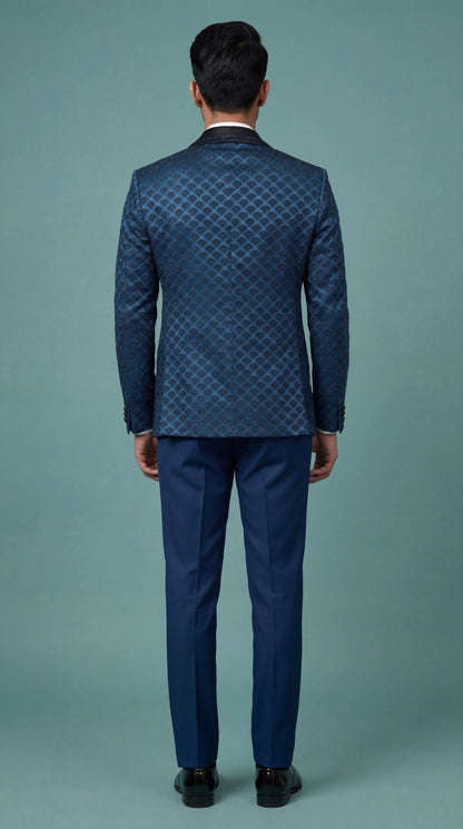 Royal Blue Patterned Indo Western Tuxedo for Men | Dresswala NX