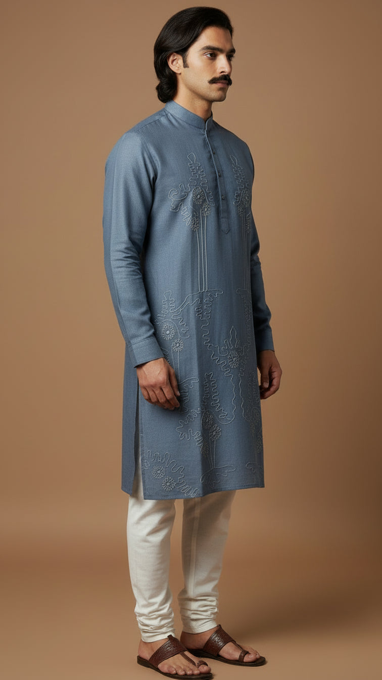 Men’s Blue Linen Kurta with Minimal Embroidery | Elegant Festive Wear – Dresswala NX