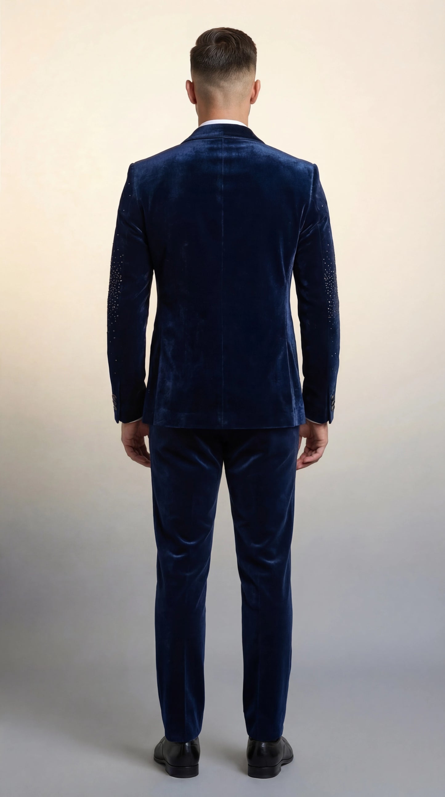 Midnight Blue Velvet Indo-Western Suit with Gold Chain Embroidery | Dresswala NX