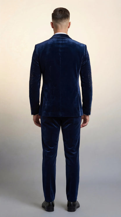 Midnight Blue Velvet Indo-Western Suit with Gold Chain Embroidery | Dresswala NX