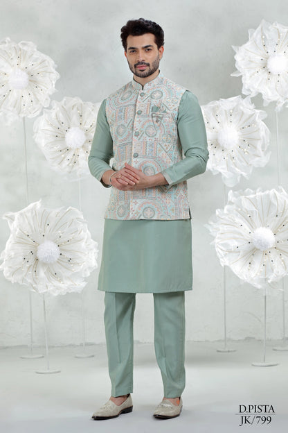 Oceanic Serenity Ensemble with Embroidered Jacket