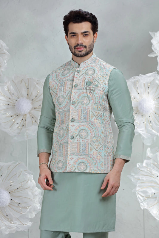 Oceanic Serenity Ensemble with Embroidered Jacket