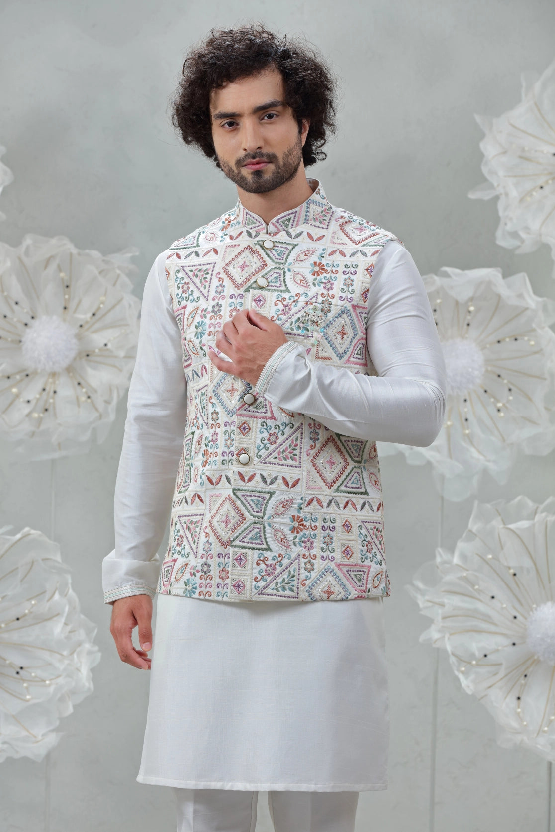 Opulent White Embroidered Jacket Ensemble