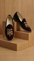 Maroon Velvet Mojdi Shoes for Men | Hand-Embroidered Ethnic Footwear – Dresswala NX