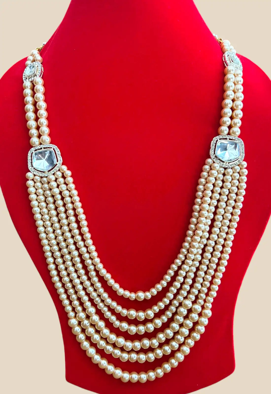 Beige Pearl Multistrand Necklace with Polki Square Brooch Accents