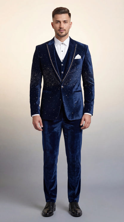 Midnight Blue Velvet Indo-Western Suit with Gold Chain Embroidery | Dresswala NX