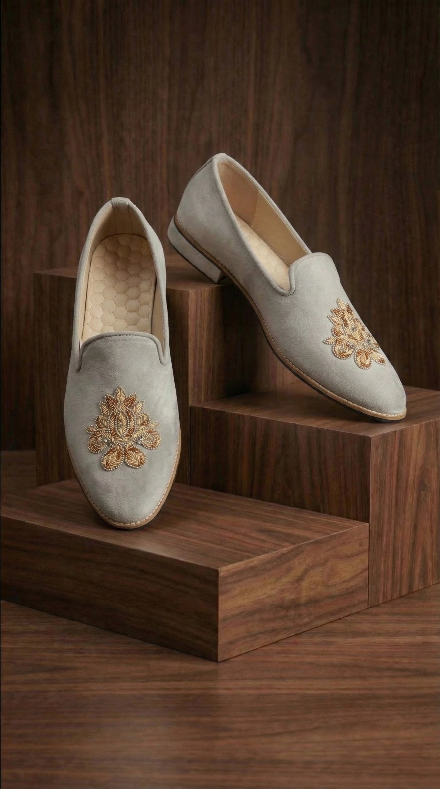 Grey Velvet Mojdi Shoes with Gold Embroidery | Dresswala NX