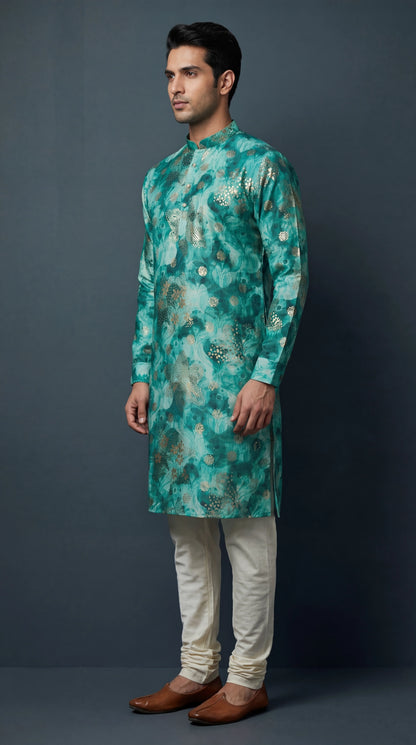 Men’s Teal Green Floral Printed Kurta | Festive Wear – Dresswala NX