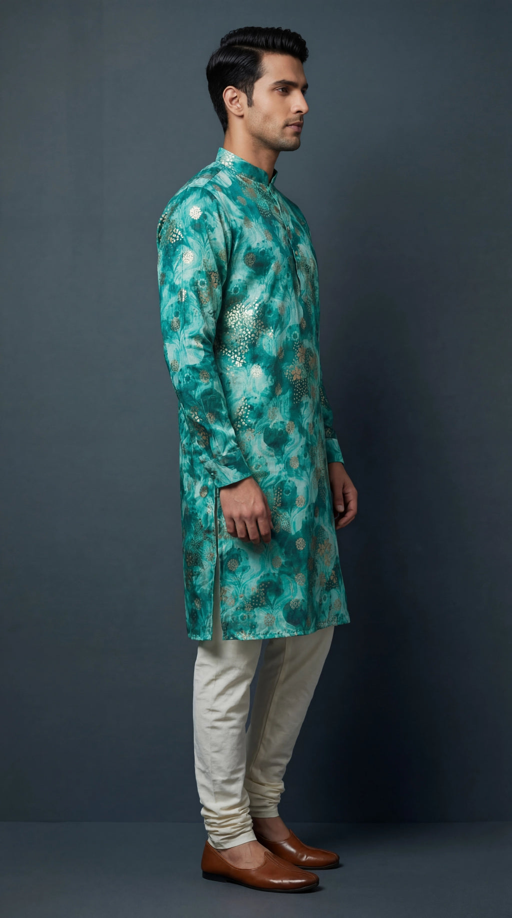 Men’s Teal Green Floral Printed Kurta | Festive Wear – Dresswala NX