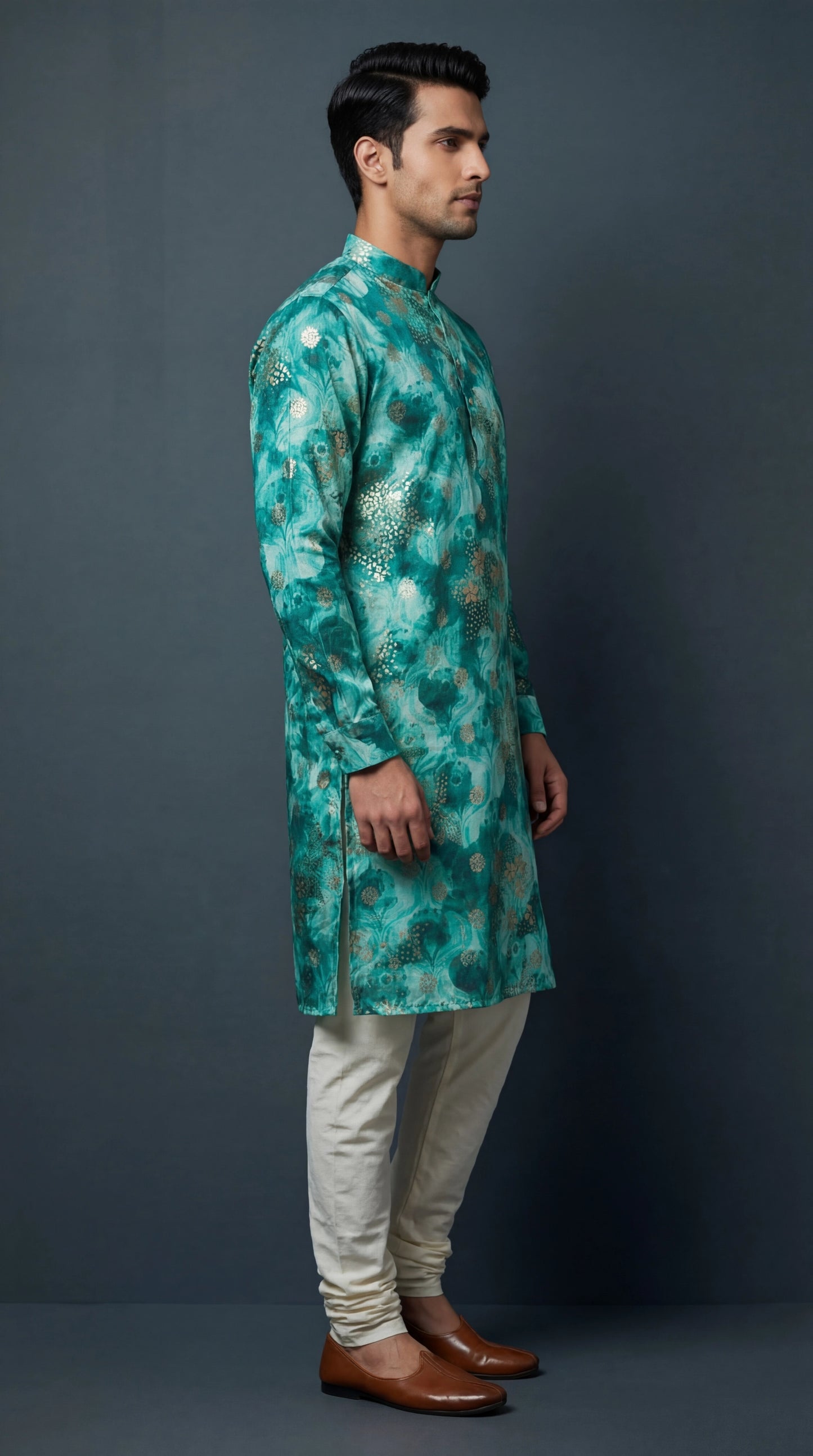 Men’s Teal Green Floral Printed Kurta | Festive Wear – Dresswala NX