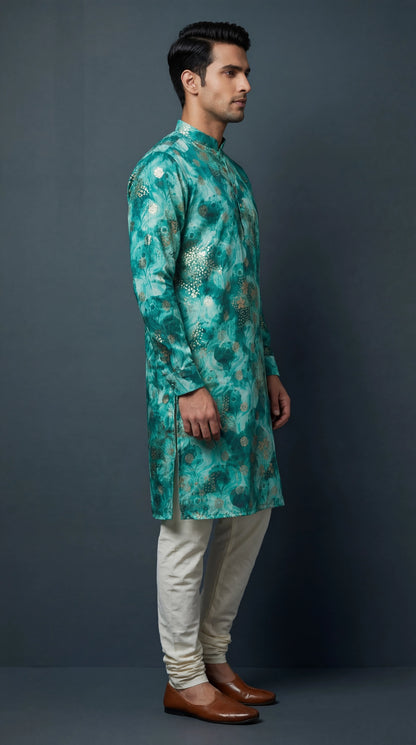 Men’s Teal Green Floral Printed Kurta | Festive Wear – Dresswala NX