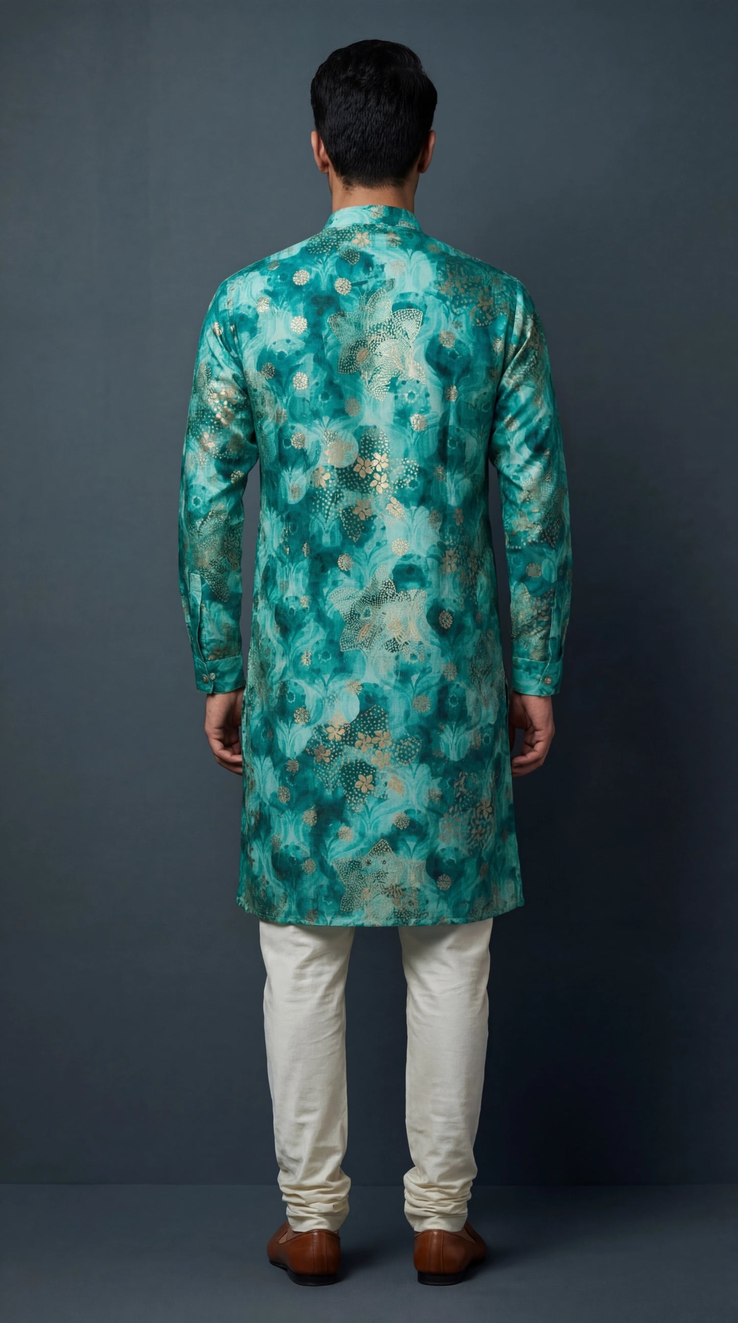 Men’s Teal Green Floral Printed Kurta | Festive Wear – Dresswala NX