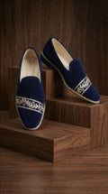 Navy Velvet Mojdi Shoes with Embroidered Band | Dresswala NX
