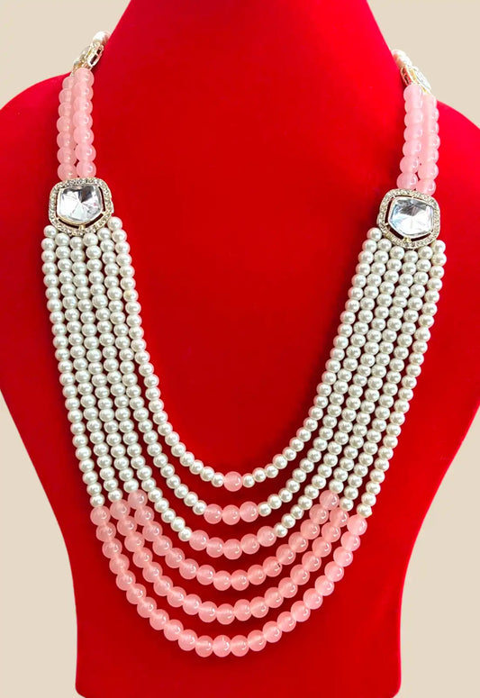 Pearl & Pink Bead Multistrand Necklace with Polki Brooch Accents