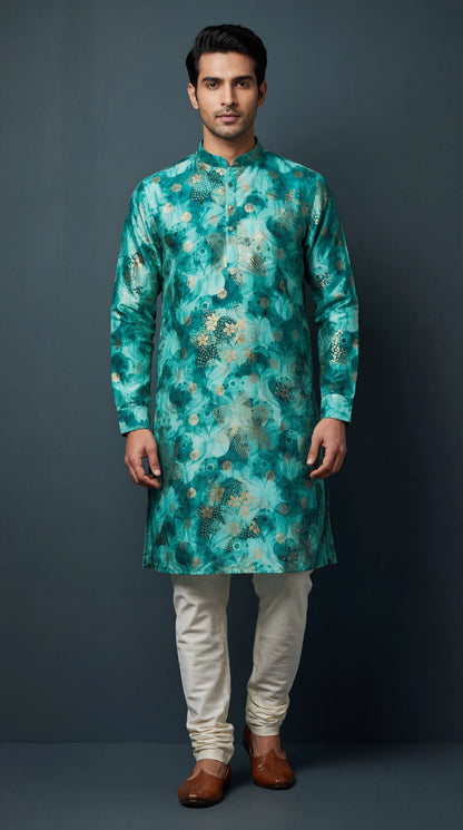 Men’s Teal Green Floral Printed Kurta | Festive Wear – Dresswala NX