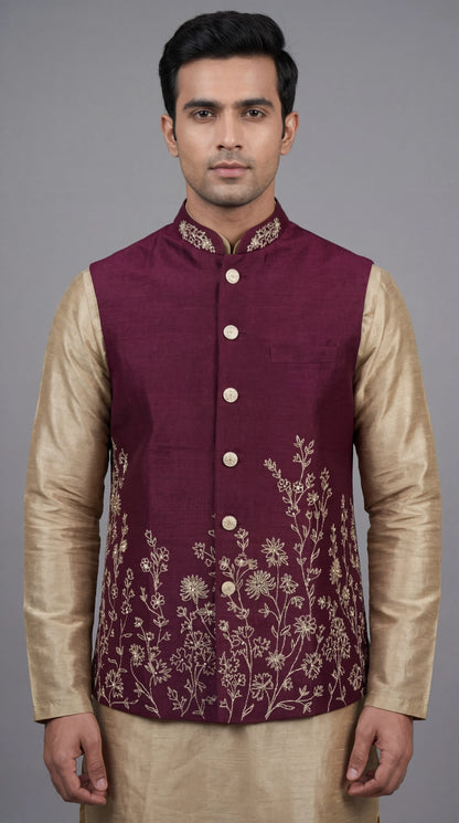 Maroon Embroidered Festive Waistcoat for Men | Dresswala NX