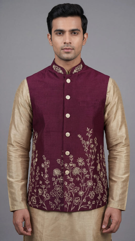 Maroon Embroidered Festive Waistcoat for Men | Dresswala NX