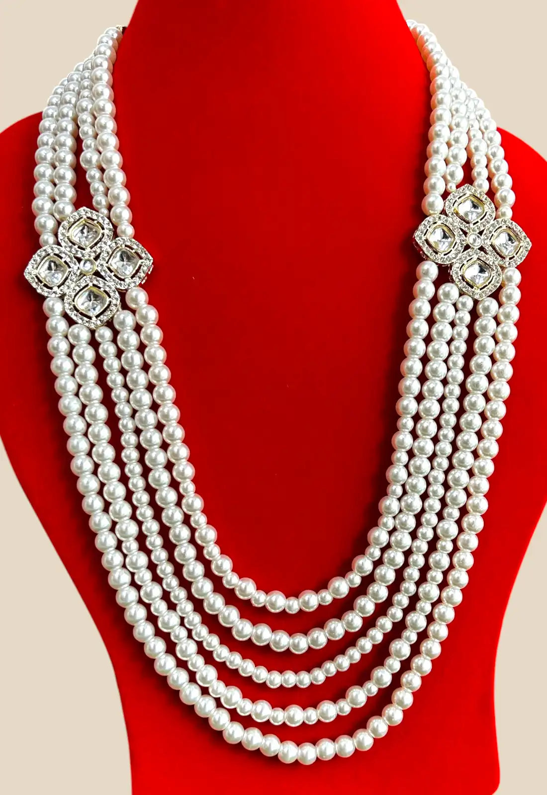 Classic Pearl Multistrand Necklace with Dual Polki Floral Brooches